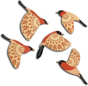 Vumyhuby 5 Pcs Orange Wooden Bird Wall Art | Rustic Folk Art Wall Decor for Indoor Use | Handcrafted Wood Flying Birds Wall Hangings for Living Room, Bedroom, Kitchen, Office | Scandinavian Home Decor Gift