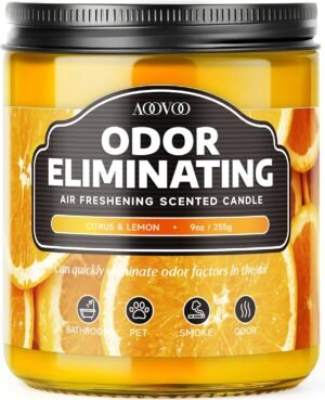 AOOVOO Citrus Lemon Odor Eliminating Highly Fragranced Candle – Eliminates 95% of Pet, Smoke, Food, and Other Smells Quickly, Non Toxic Air Freshing Soy Candle, 9 oz Up to 50 Hours Burn time