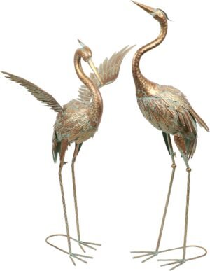 TERESA’S COLLECTIONS Garden Decor, Set of 2 Cranes Garden Decor, 33-39″, Elegant Cranes with Golden Painting, Waterproof Metal Garden Statue, Herons Gifts Birthday Gifts for Women Mom