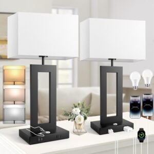 3 Color Temperatures Table Lamps for Bedrooms Set of 2, 22’’ Touch Control Bedside Nightstand Lamps with 2 USB Ports & AC Outlet, Stepless Dimmable Lamps with White Shade, Modern Decor for Living Room