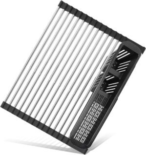 Roll Up Dish Drying Rack,Expandable Over The Sink Dish Drainer,Stainless Steel Kitchen Rolling Sink Rack with Utensil Holder,Length Up to 22.3″ (Black)