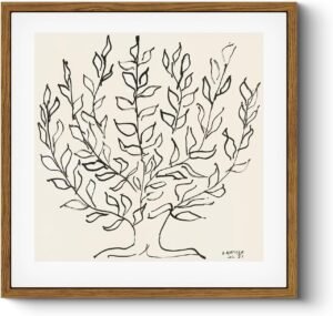 HUARCEY Vintage Framed Canvas Wall Art Plain Tree Drawing, Boho Modern Home Decor, Square Botanical Wall Art for Living Room Bedroom Bathroom, Black and White Canvas Leaf Art 10×10 Inch