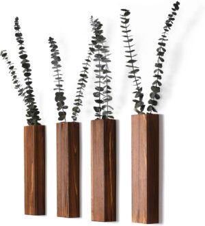 Wooden Wall Planter Set of 4 – Modern Home Decor for Living Room, Bedroom, Bathroom – Walnut Finish Planter for Dried Flowers, Faux Greenery, Indoor Plants