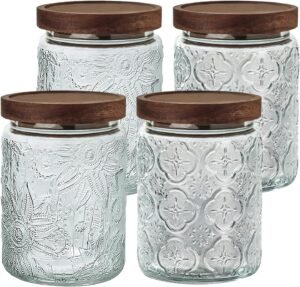 24 OZ Airtight Glass Storage Jar with Bamboo Lid – Vintage Glass Jar Vintage Food Containers Canisters Set for Kitchen Counter & Pantry – Ideal for Sugar, Flour, Coffee, Tea, Candy, Oats -4 Pack