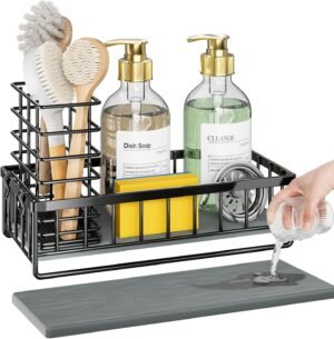 OVICAR Instant-Drying Kitchen Sink Caddy: 1 Min Fast Dry Sponge Holder | Absorbs Moisture Keeping Kitchen Countertop Dry Clean Non-Slip Rustproof Soap Dispenser Brush Organizer Sink Counter Black