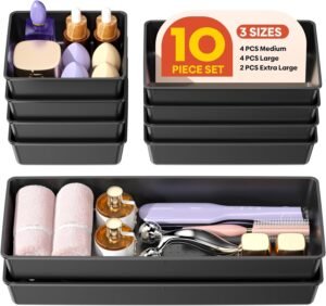 10 Pack Large Size Plastic Drawer Organizers Set, 3 Sizes Desk Drawer Organizer Trays, Storage Bins for Vanity, Makeup, Bathroom, Kitchen Utensils and Office (Black)
