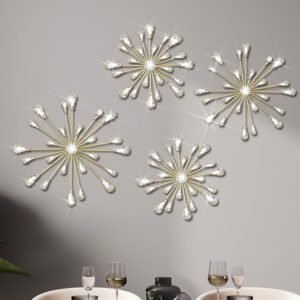 Hicarer 4 Pcs Starburst Wall Decor Bling Wall Art Crystal Teardrop 3D Hanging Rhinestone Radial Metal Artwork Modern Accent Sculptures Decorations for Living Room Home Office Bedroom(Gold)