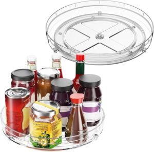 Optish 2 Pack 9.5″ Lazy Susan Organizer, Lazy Susan Turntable for Cabinet, Spice Organization for Cabinet, Refrigerator, Pantry, Closet, Countertop, Non-Skid Turntable Organizer, Clear