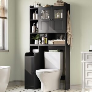 Itaar Over The Toilet Storage Cabinet, Over Toilet Bathroom Organizer with Glass Doors & Toilet Paper Holder Stand, Home Space-Saving Toilet Rack, for Bathroom, Restroom, Laundry(Black)