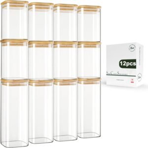 LIBWYS 12-Pack Square Glass Storage Jars with Bamboo Lids (0.6Qt/1.06Qt) – Stackable Food Containers for Pantry Organization, Coffee, Flour, Snacks, Tea | Kitchen Canisters Set