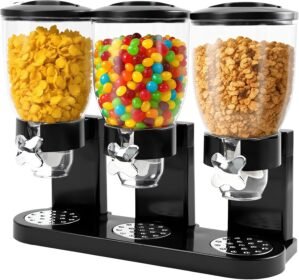 Triple Cereal Dispenser Countertop – 3 Pack 2L Large Cereal Containers Storage Airtight, Rotating Black Plastic Dry Food Dispenser for Cereal, Rice, Grains, Candy, Coffee Beans