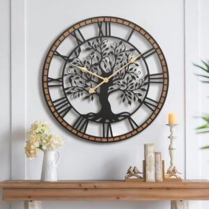 Micasso Farmhouse Large Wall Clock: 24Inch Rustic Tree of Life Metal with Wood Frame – Vintage Battery Operated Wall Clocks for Living Room/Home Office/Bedroom – Home Decor for Fashion-Conscious