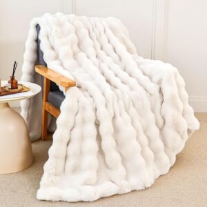 Faux Rabbit Fur Throw Blanket for Couch, Fluffy Warm Plush Thick Bubble Blanket for Bed Sofa Living Room, Soft Cozy Furry Blanket Home Decor, 50×60 inches, Cream White