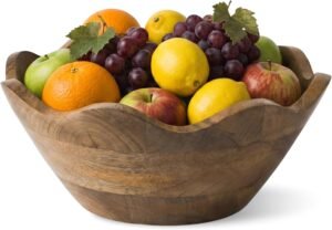 Mela Artisans 10 in Wide x 4 in Tall Scalloped Mango Wood Bowl – Hand-Carved Decorative Serving and Fruit Bowl with Visible Wood Grain for Kitchen Counter, Snacks, Bread and Home Decor