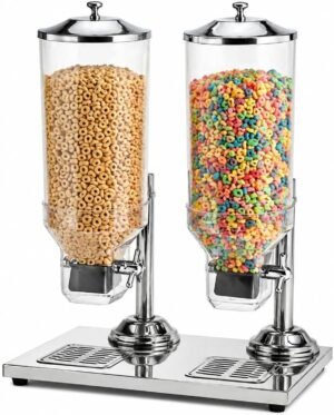 Commercial Stainless Steel Double Cereal Dispenser, 8L Capacity per Canister, Clear Cylinder, Countertop Style, Self-Service, 21x14x26 Inches