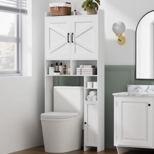 Homhedy Over The Toilet Storage Cabinet, White | 2 Barn Door, Toilet Paper Holder Stand, Freestanding Toilet Shelf, Space Saver, for Bathroom, Restroom, Laundry