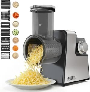 Anbull 7-in-1 Electric Cheese Grater, 250W Professional Salad Maker & Vegetable Cutter with Dicer, French Fry Blades, Automatic Slicer Shredder for Salads, Fruits, Nuts, One-Touch Meal Prep, BPA-Free