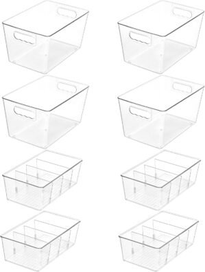 Vtopmart 8 Pack Clear Plastic Storage Bins Set, 4 Large Pantry Organizer Bins with Handle and 4 Medium Snack Organizer Bins with 4-Compartment for Pantry, Kitchen, Fridge, Cabinet Organization
