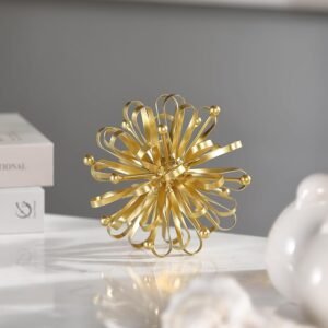 6.7″ Decorative Metal Starburst Tabletop Shelf Sculpture Accent, Gold Modern Table Decor, Looped Ribbon & Beads Edges Detailed