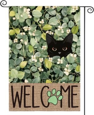 AVOIN colorlife Spring Summer Floral Garden Flag 12×18 Inch Double Sided Outside, Eucalyptus Black Cat Welcome Seasonal Yard Outdoor Flag