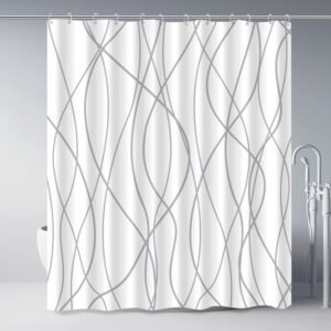 Grey and White Striped Polyester Shower Curtain for Bathroom with Hooks, Curtains 72 Inches Long, Weighted Hem, Waterproof Bath Accessories Hotel Style – Machine Washable