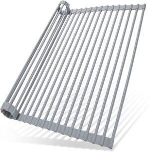 Ohuhu Roll Up Over The Sink Dish Drying Rack, Multipurpose Roll-Up Dish Racks, Kitchen Sink Drying Rack Silicone Coated Steel Dish Drainer for Kitchen Counter (Grey, 17.6″ W x 15.4″ L)
