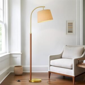 G-SAFAVA Real Wood Floor Lamps for Living Room Bedroom, 62.5″ Mid Century Modern Lamp Gold Standing Tall Arc Lamps with Foot Switch, Floor Lamps for Nursery Office Decor Corner Reading Room Light