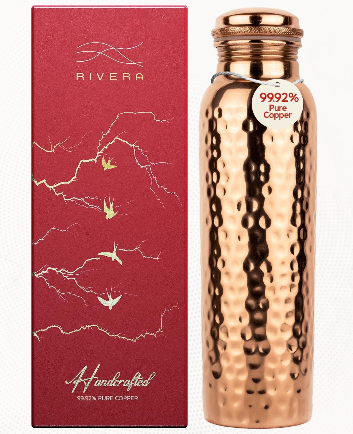 Rivera Hammered 32oz – 99.92% LAB TESTED Pure Copper water bottle, PTFE & PFOA Free, Leakproof & Joint free, BPA-Free, Eco-Friendly, Non-Toxic, Handcrafted, Detox & Wellness – Hammered