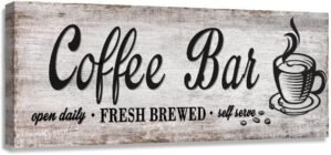 Rustic Wood Grain Coffee Station Decor – Retro Coffee Bar Signs for Kitchen – Self Serve Fresh Brewed Open Daily