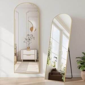 NEWBULIG Arched Mirror Full Length, 16″x59″ Body Wall Mirrors with Shatter-Proof Glass, Upgraded Floor Standing Mirror, Hanging or Leaning, with Stand Aluminum Alloy Frame for Home Decor, Gold