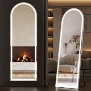 Sweetcrispy Arched Full Length Mirror with LED Lights, 63″x21″ Lighted Full Body Floor Mirror with Dimming & 3 Color Lighting, Stand for Bedroom, Dressing Room, White