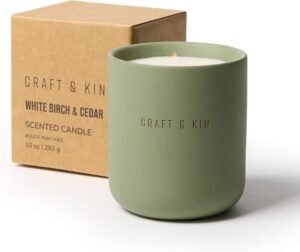 Craft & Kin Scented Candles – White Birch & Cedar | 10oz Soy Blend with Cotton Wick | Long-Lasting Holiday Candles, 40-Hour Burn | Ceramic Jar, Perfect & Winter Home Scent