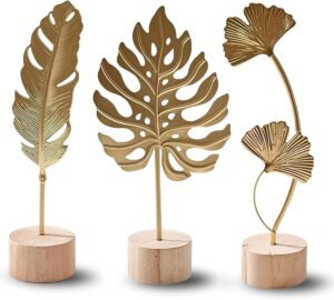 Gold Leaf Home Decor Set – Metal Leaf Tabletop Ornament with Wood Base, 3 Designs (Monstera, Ginkgo, Feather) for Desk, Shelf, Living Room
