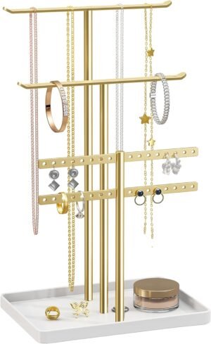 pickpiff Jewelry Stand Holder Organizer: 14.5″ Sturdy Hanger for 80 Pcs Jewelry, Gift for Women, Gold Jewlery Tower for Necklace, Earring, Bracelet