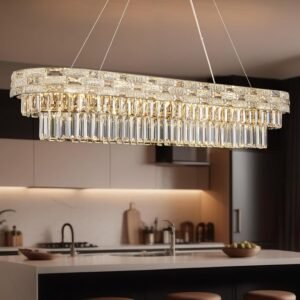 49.2″ L Modern Crystal Chandeliers for Dining Room 18 Lights Gold Chandelier Large Rectangle Crystal Chandelier Pendant Light Fixture Kitchen Entryway Living Room 49.2″ L x 8.7″ H