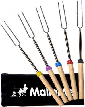 MalloMe Smores Sticks for Fire Pit Long – Marshmallow Roasting Sticks Smores Kit – Smore Skewers Hot Dog Fork Campfire Cooking Equipment, Camping Essentials S’mores Gear Outdoor Accessories 32″ 5 Pack