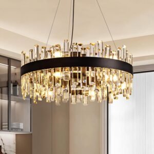 Siljoy 23.6” Modern Crystal Chandelier, Luxury 2-Tiers Raindrop K9 Crystal Adjustable Flush Mount Hanging Ceiling Light for Dining Living Room Kitchen Entryway Foyer, E12 x 12, Matte Black