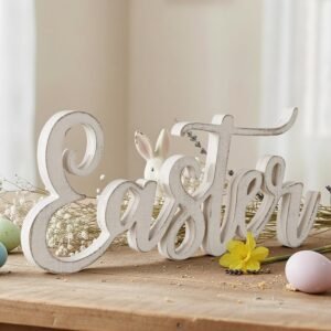 Easter Decorations for The Home, Large Rustic Easter Letter Design Freestanding Table Sign, White Distressed Wood Signs Table Desk Rustic Tiered Tray Centerpieces Mantel Farmhouse Decor Party Gifts