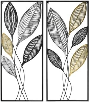 Metal Wall Decor Set of 2, Leaf Art Wall Hanging Home Decor with Frame, Tree of Life Accent Home Decor, Metal Wall Decoration Sculptures for Living Room, Office, Home, Hotel, Indoor, 14″ W x 35″ H
