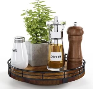 Farmhouse Oak 9″ Lazy Susan Turntable Organizer for Cabinet, Round Wooden Lazy Susan Organization and Storage for Dining Table, Pantry, Kitchen, Countertop, Cupboard,Home Decor, Walnut Wood