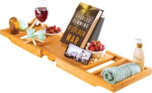 Bathtub Tray for Tub – Natural Bamboo Bath Tray, Expandable Wooden Bath Caddy Tray with Wine Holder, Book and Tablet Stand, Bathroom Accessories, Tub Table, Bridal Shower Gifts for Women