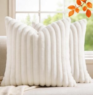 Pack of 2 Throw Pillow Covers 18×18 Decorative Solid Plush Faux Fur with Soft Velvet Back, Square Striped Cushion Cases Modern Farmhouse Home Decor for Living Room Couch Sofa Bed Cream White