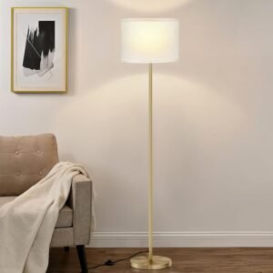 Ambimall 60” Modern Floor Lamp with Shade, Tall Lamps for Living Room, Bedroom, Office, Dining Room, Beige Shade with Gold Pole(Without Bulb)