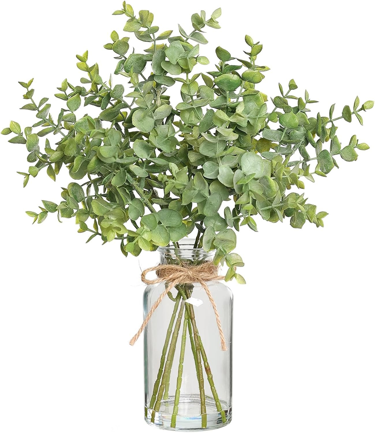 Zheart Fake Eucalyptus Stems in Glass Vase with Faux Water,14″ Artificial Plants Eucalyptus Leaves for Shelf Desk Bathroom Farmhouse Room Coffee Table Home Decor (Sage Green)