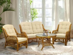 Malibu Lounge Set of 4: 2 Natural Rattan Wicker Chairs, Loveseat with Cream Cushions and Coffee Table w/Glass Handmade, Colonial