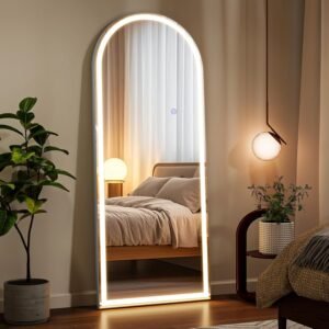 VooBang 56″x21″ LED Mirror Full Length – Arched Floor Body Mirror with Dimmable Lights – 3 Color Modes, Standing Leaning Wall Mounted for Bedroom, Dressing Room