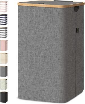 BALEINE Laundry Hamper with Lid, Tall Laundry Baskets with Bamboo Pull Handles, Large Laundry Bin with Internal Support (26 Gal/100L, Grey)