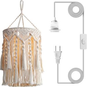 Bioaqua Boho Lamp Shade,Boho Hanging Lamp Handmade Macrame Lamp Shade Plug in Pendant Light,Bohemian Hanging Lights with Plug in Cord Light Fixtures for Boho Bedroom Decor Living Room (type 3)