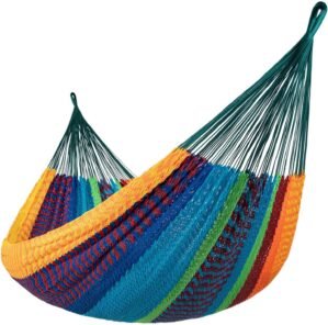 Lazy Daze Hammocks Handwoven XL Mayan Hammock, 10.5 FT Soft Rope Double Hammocks, Portable Outdoor Hammock with Carry Bag, 2 Straps & Carabiners for Patio Outside, 550 lbs Weight Capacity, Multi Color