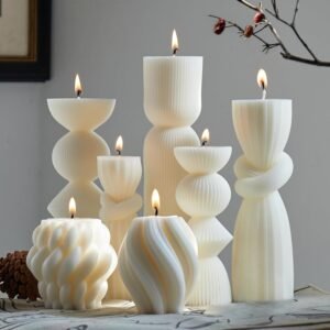 7 Pcs Large Ribbed Pillar Candles – Handmade Soy Wax Candles for Home Decor, Modern Shelf Decor, Housewarming Gift, Aesthetic Room Decor (White)